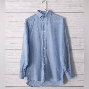Le Sirenuse Men Shirt Button Up Blue Size M 100% Linen Made In Italy Excellent